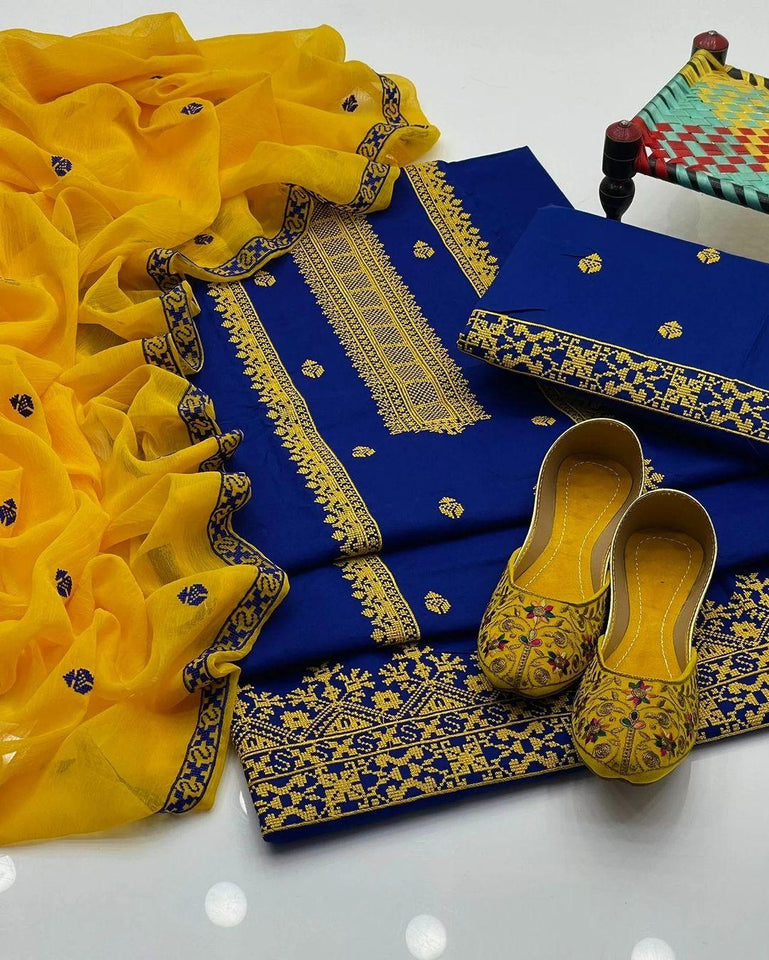 Royal Blue Cross Stich Aari Embroidery 3 Pcs Lawn Suit with Multani Khusa
