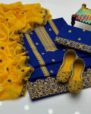 Royal Blue Cross Stich Aari Embroidery 3 Pcs Lawn Suit with Multani Khusa